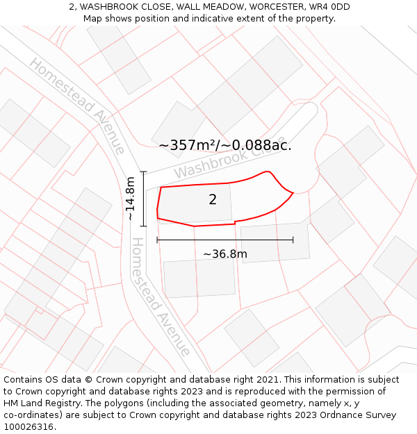 2, WASHBROOK CLOSE, WALL MEADOW, WORCESTER, WR4 0DD: Plot and title map