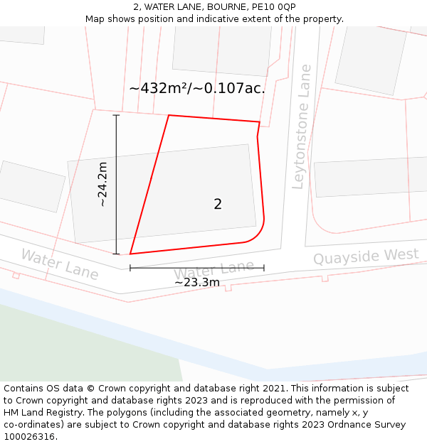 2, WATER LANE, BOURNE, PE10 0QP: Plot and title map