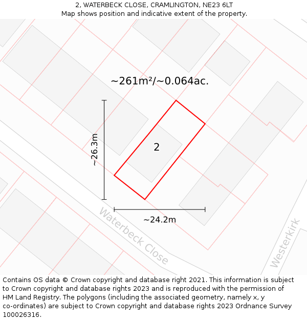 2, WATERBECK CLOSE, CRAMLINGTON, NE23 6LT: Plot and title map