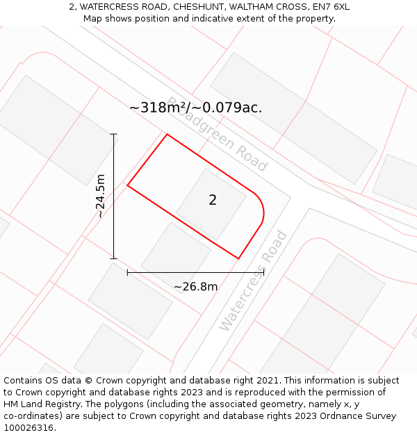 2, WATERCRESS ROAD, CHESHUNT, WALTHAM CROSS, EN7 6XL: Plot and title map