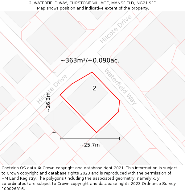 2, WATERFIELD WAY, CLIPSTONE VILLAGE, MANSFIELD, NG21 9FD: Plot and title map