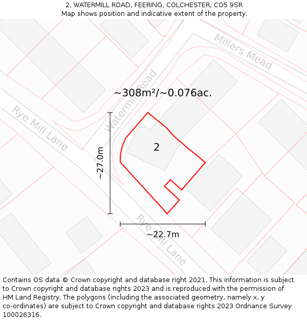 2, WATERMILL ROAD, FEERING, COLCHESTER, CO5 9SR: Plot and title map