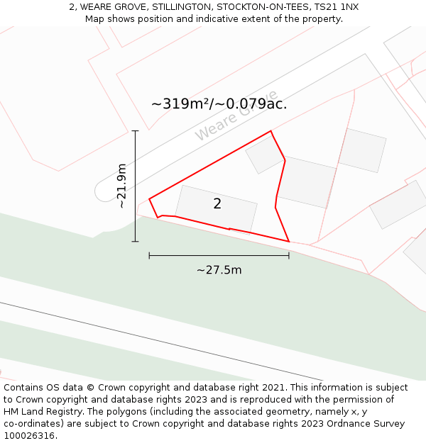 2, WEARE GROVE, STILLINGTON, STOCKTON-ON-TEES, TS21 1NX: Plot and title map