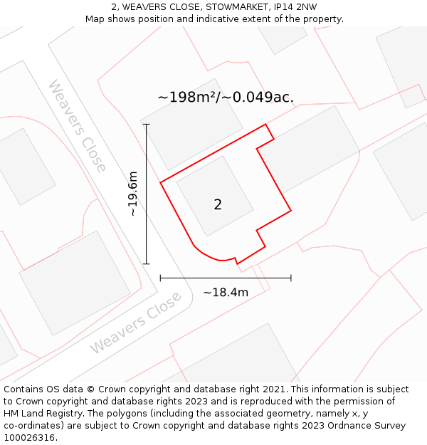 2, WEAVERS CLOSE, STOWMARKET, IP14 2NW: Plot and title map