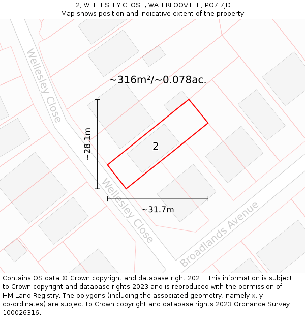 2, WELLESLEY CLOSE, WATERLOOVILLE, PO7 7JD: Plot and title map