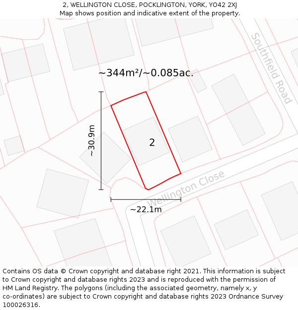 2, WELLINGTON CLOSE, POCKLINGTON, YORK, YO42 2XJ: Plot and title map