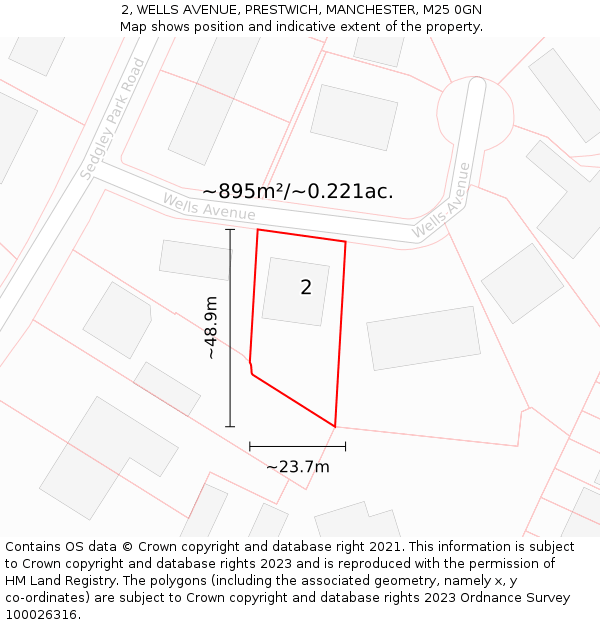 2, WELLS AVENUE, PRESTWICH, MANCHESTER, M25 0GN: Plot and title map