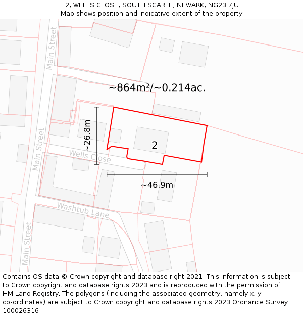 2, WELLS CLOSE, SOUTH SCARLE, NEWARK, NG23 7JU: Plot and title map