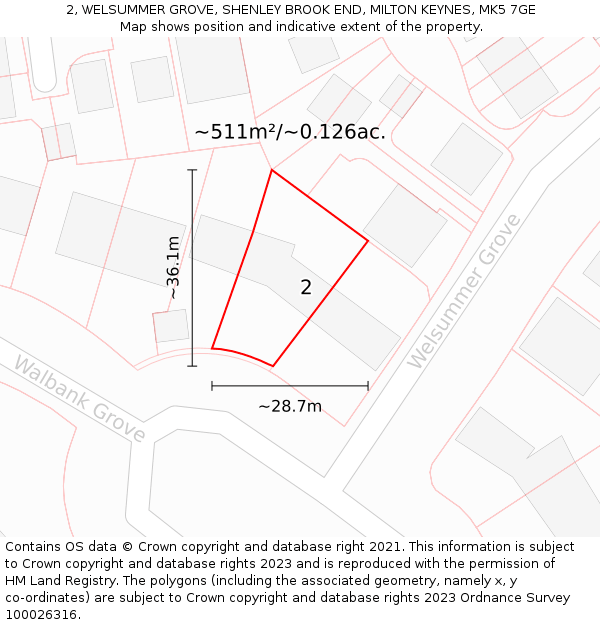 2, WELSUMMER GROVE, SHENLEY BROOK END, MILTON KEYNES, MK5 7GE: Plot and title map