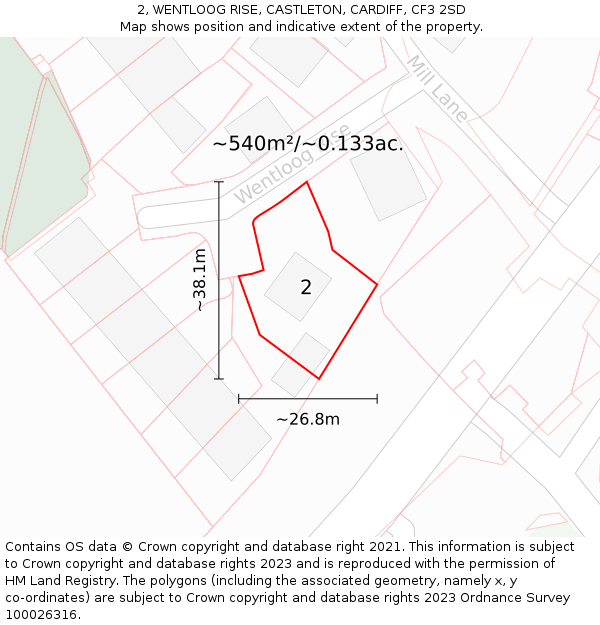 2, WENTLOOG RISE, CASTLETON, CARDIFF, CF3 2SD: Plot and title map