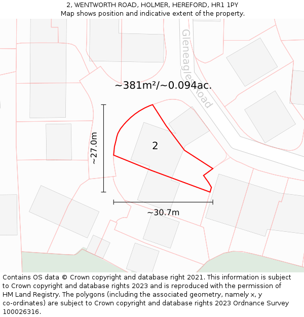 2, WENTWORTH ROAD, HOLMER, HEREFORD, HR1 1PY: Plot and title map