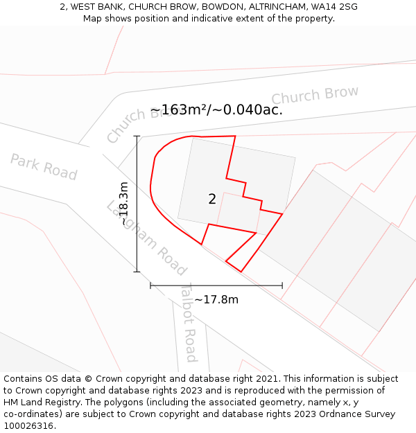 2, WEST BANK, CHURCH BROW, BOWDON, ALTRINCHAM, WA14 2SG: Plot and title map