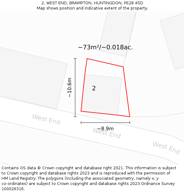 2, WEST END, BRAMPTON, HUNTINGDON, PE28 4SD: Plot and title map