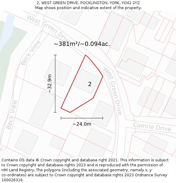 2, WEST GREEN DRIVE, POCKLINGTON, YORK, YO42 2YZ: Plot and title map