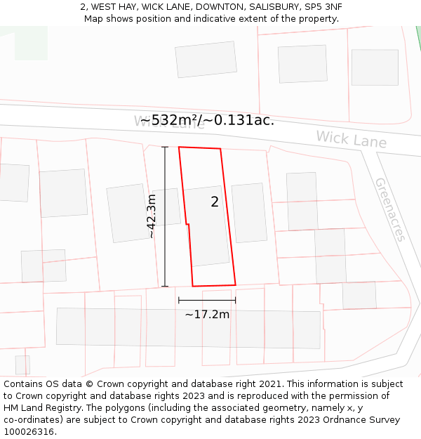 2, WEST HAY, WICK LANE, DOWNTON, SALISBURY, SP5 3NF: Plot and title map