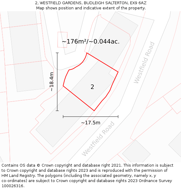 2, WESTFIELD GARDENS, BUDLEIGH SALTERTON, EX9 6AZ: Plot and title map