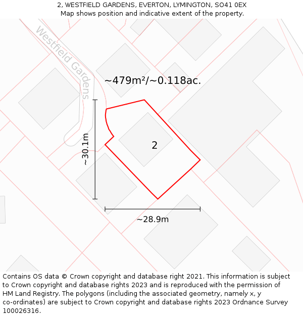 2, WESTFIELD GARDENS, EVERTON, LYMINGTON, SO41 0EX: Plot and title map