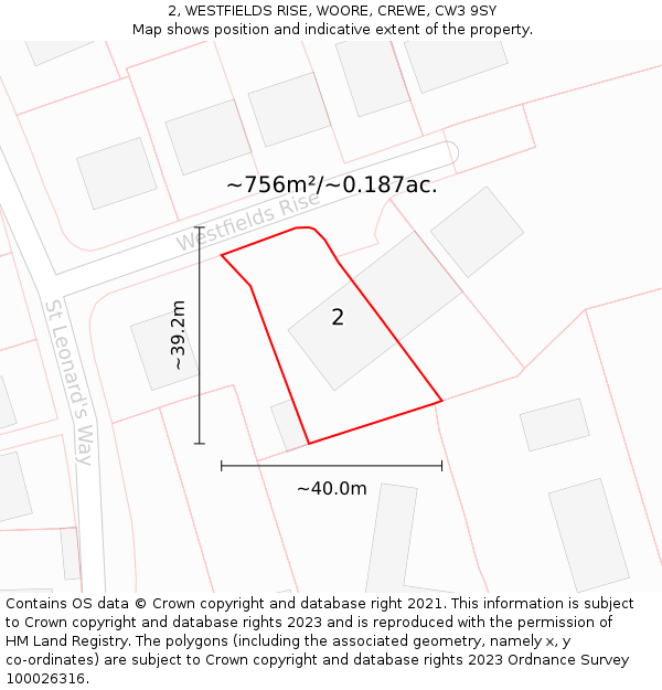 2, WESTFIELDS RISE, WOORE, CREWE, CW3 9SY: Plot and title map