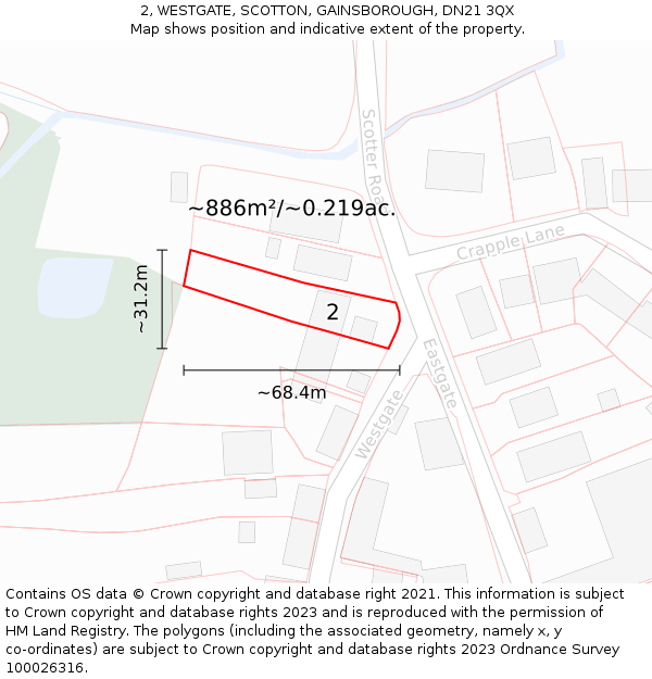 2, WESTGATE, SCOTTON, GAINSBOROUGH, DN21 3QX: Plot and title map