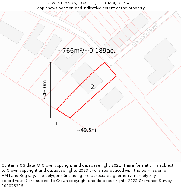 2, WESTLANDS, COXHOE, DURHAM, DH6 4LH: Plot and title map