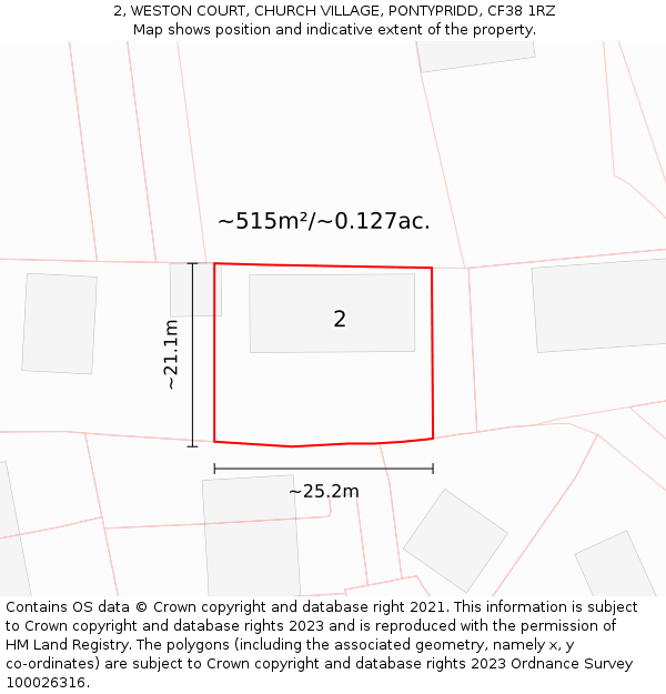 2, WESTON COURT, CHURCH VILLAGE, PONTYPRIDD, CF38 1RZ: Plot and title map