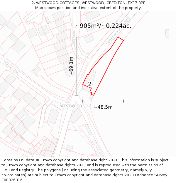 2, WESTWOOD COTTAGES, WESTWOOD, CREDITON, EX17 3PE: Plot and title map