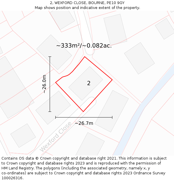 2, WEXFORD CLOSE, BOURNE, PE10 9GY: Plot and title map