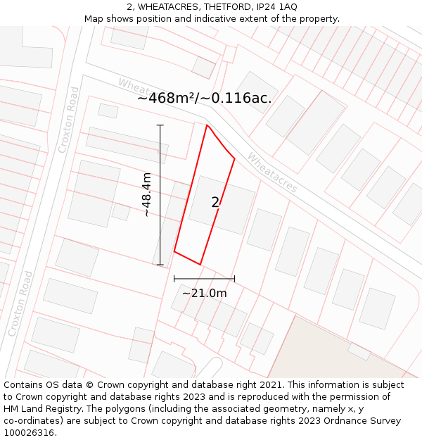 2, WHEATACRES, THETFORD, IP24 1AQ: Plot and title map