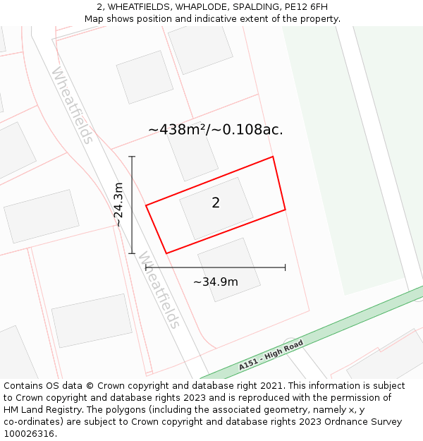 2, WHEATFIELDS, WHAPLODE, SPALDING, PE12 6FH: Plot and title map