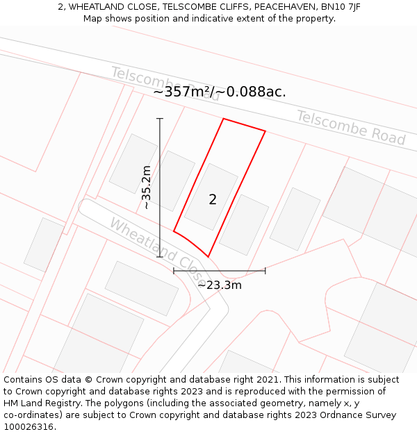 2, WHEATLAND CLOSE, TELSCOMBE CLIFFS, PEACEHAVEN, BN10 7JF: Plot and title map