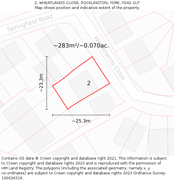 2, WHEATLANDS CLOSE, POCKLINGTON, YORK, YO42 2UT: Plot and title map