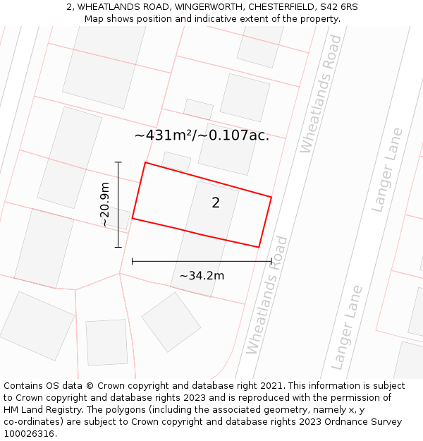 2, WHEATLANDS ROAD, WINGERWORTH, CHESTERFIELD, S42 6RS: Plot and title map