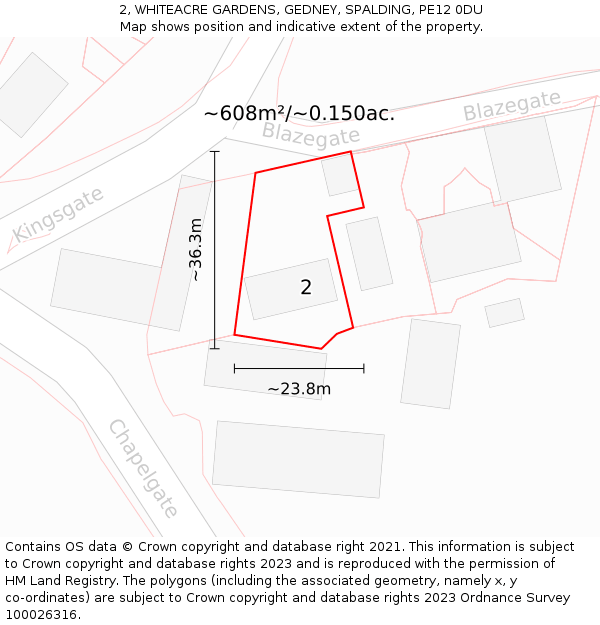 2, WHITEACRE GARDENS, GEDNEY, SPALDING, PE12 0DU: Plot and title map