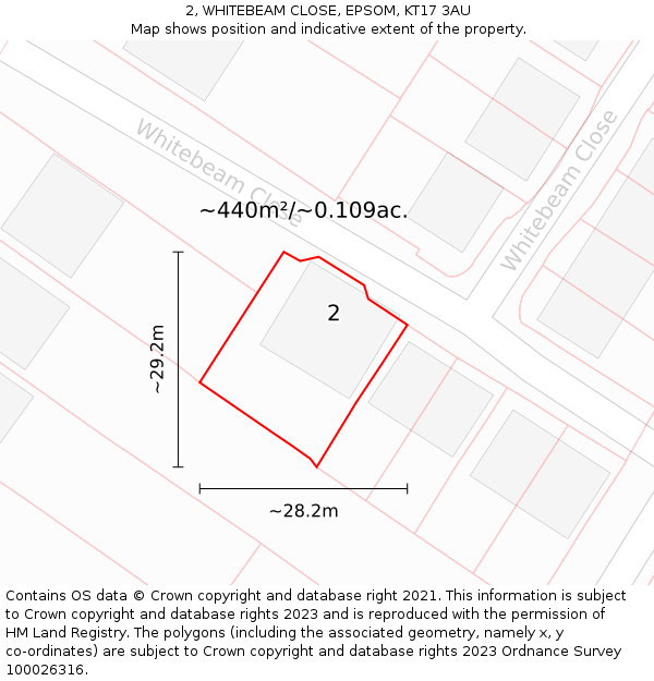 2, WHITEBEAM CLOSE, EPSOM, KT17 3AU: Plot and title map