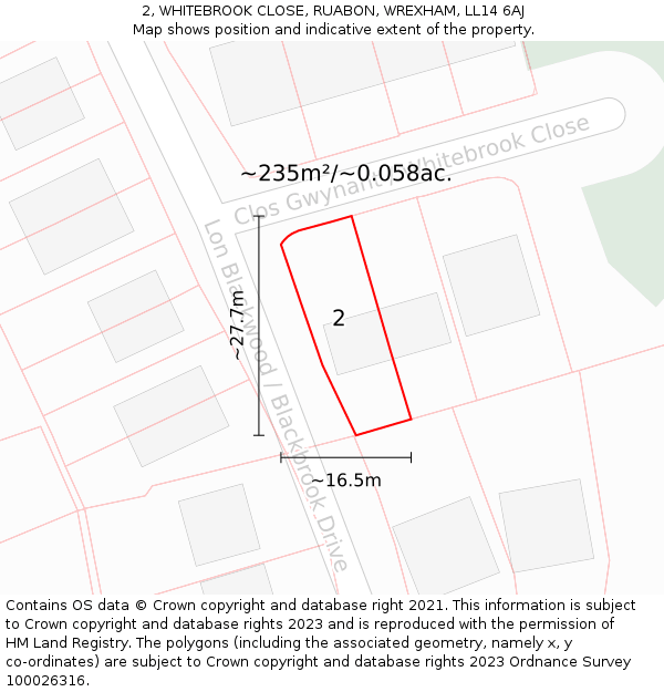 2, WHITEBROOK CLOSE, RUABON, WREXHAM, LL14 6AJ: Plot and title map