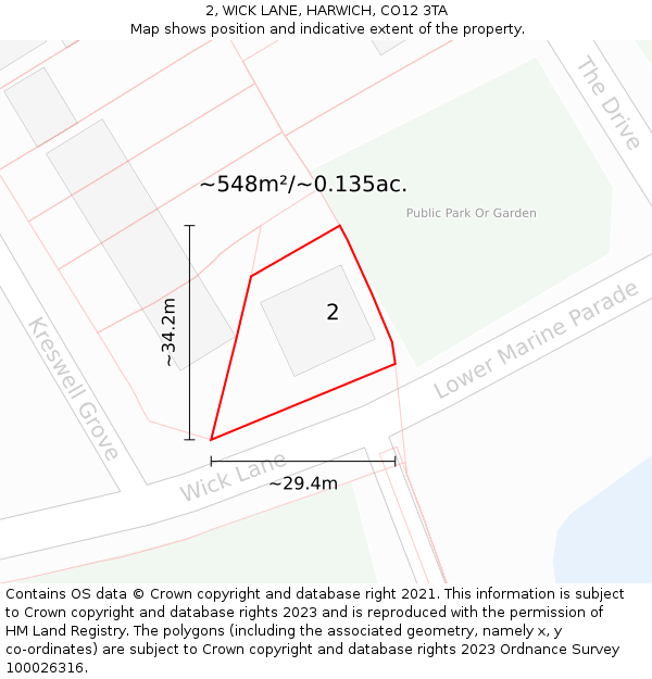 2, WICK LANE, HARWICH, CO12 3TA: Plot and title map