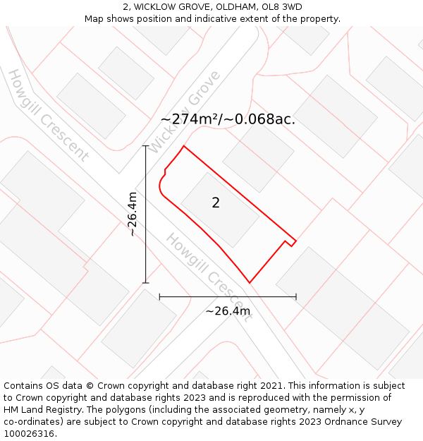 2, WICKLOW GROVE, OLDHAM, OL8 3WD: Plot and title map