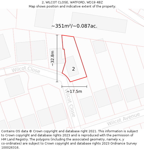 2, WILCOT CLOSE, WATFORD, WD19 4BZ: Plot and title map