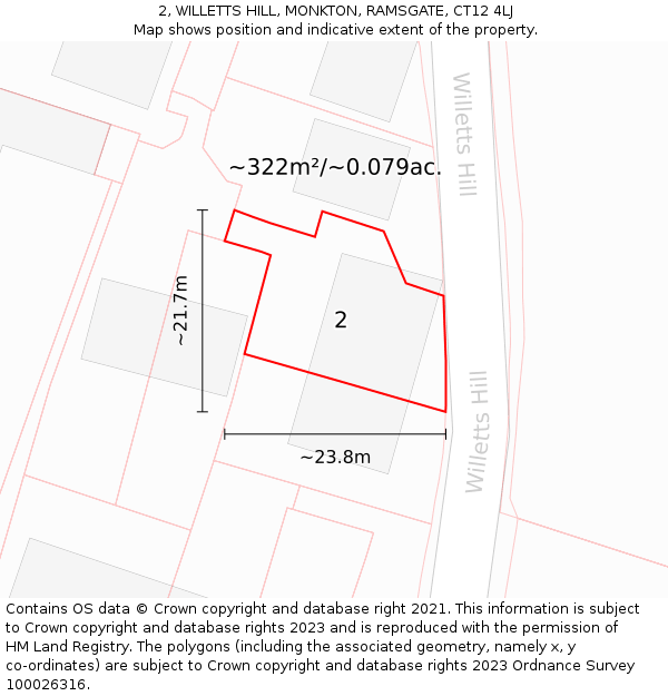 2, WILLETTS HILL, MONKTON, RAMSGATE, CT12 4LJ: Plot and title map