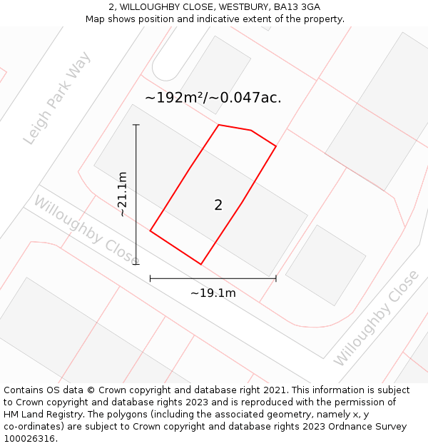 2, WILLOUGHBY CLOSE, WESTBURY, BA13 3GA: Plot and title map