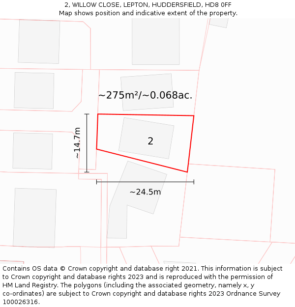2, WILLOW CLOSE, LEPTON, HUDDERSFIELD, HD8 0FF: Plot and title map