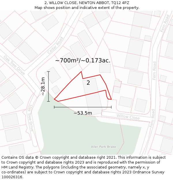 2, WILLOW CLOSE, NEWTON ABBOT, TQ12 4PZ: Plot and title map