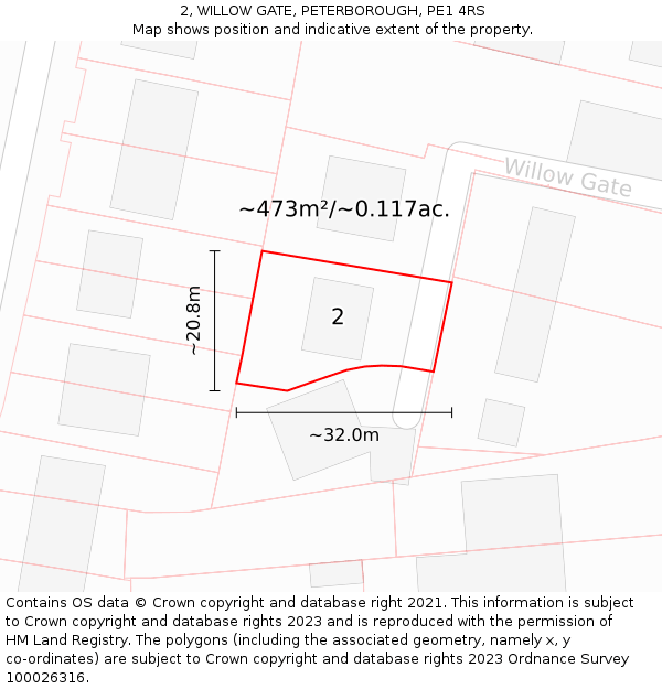 2, WILLOW GATE, PETERBOROUGH, PE1 4RS: Plot and title map