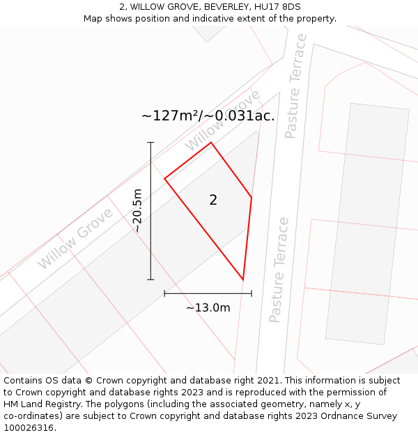 2, WILLOW GROVE, BEVERLEY, HU17 8DS: Plot and title map