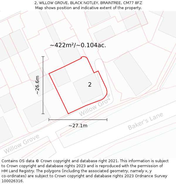 2, WILLOW GROVE, BLACK NOTLEY, BRAINTREE, CM77 8FZ: Plot and title map