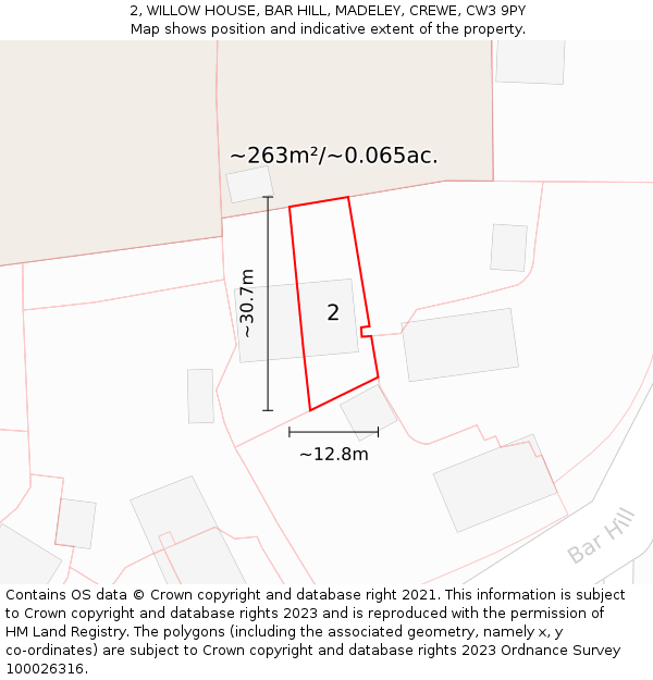 2, WILLOW HOUSE, BAR HILL, MADELEY, CREWE, CW3 9PY: Plot and title map