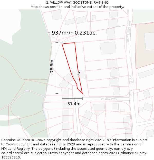 2, WILLOW WAY, GODSTONE, RH9 8NQ: Plot and title map