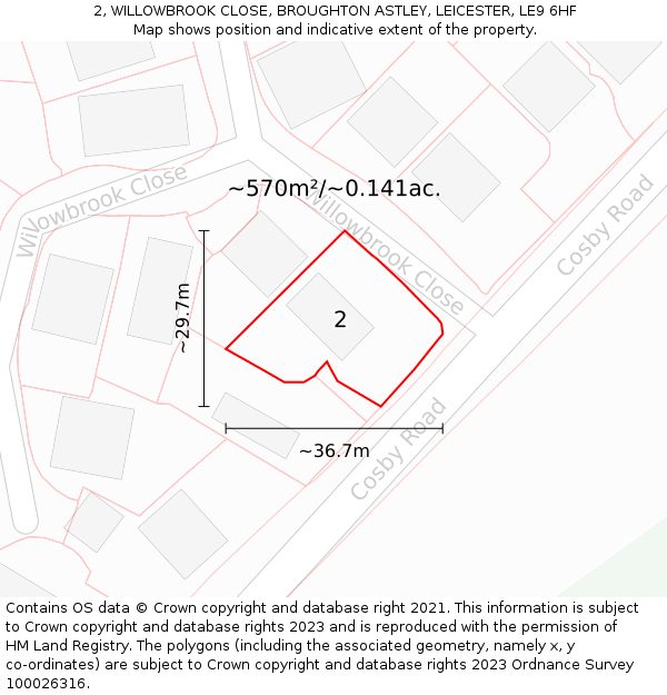 2, WILLOWBROOK CLOSE, BROUGHTON ASTLEY, LEICESTER, LE9 6HF: Plot and title map