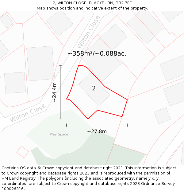 2, WILTON CLOSE, BLACKBURN, BB2 7FE: Plot and title map