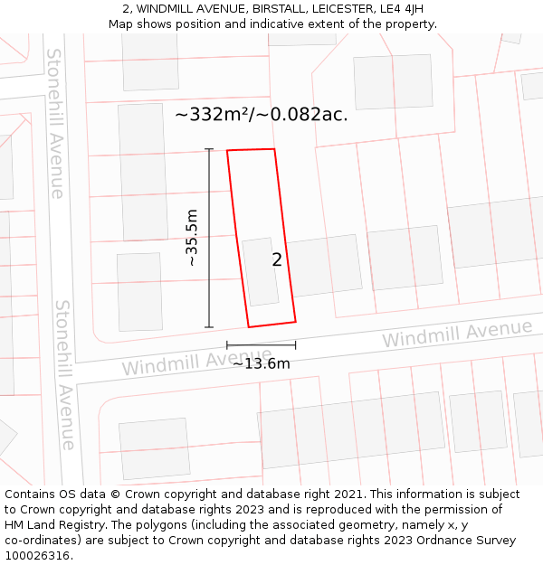 2, WINDMILL AVENUE, BIRSTALL, LEICESTER, LE4 4JH: Plot and title map